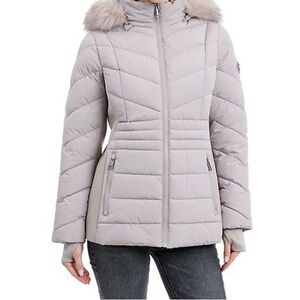 London Fog Women's Silver Puffer Jacket with Faux Fur Hood